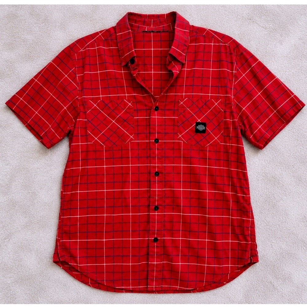 Harley-Davidson Bar & Shield Red Plaid Short Sleeve Button Down Shirt 44" Chest